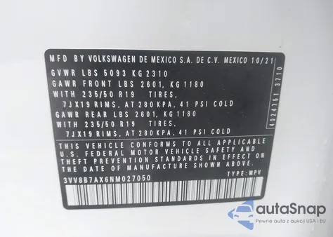 2022 Volkswagen Tiguan 2.0T Se R-Line Black z USA, uszkodzony, nr VIN 3VV8B7AX6NM027050